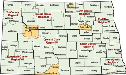 map of North Dakota with planning regions and counties outlined